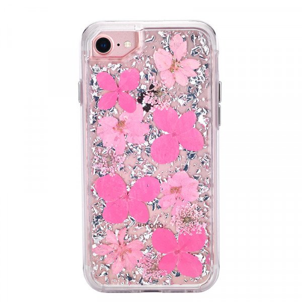 Wholesale iPhone 8 Plus / 7 Plus / 6S Plus / 6 Plus Luxury Glitter Dried Natural Flower Petal Clear Hybrid Case (Silver Pink)